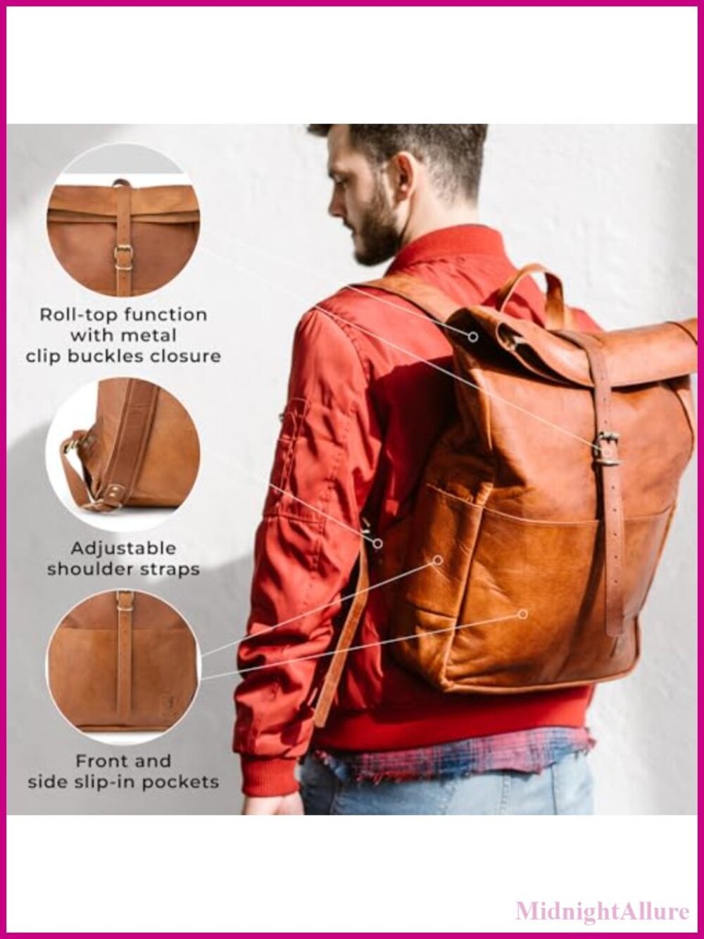 Full Grain Leather Backpack Roll Top Laptop Travel Daypack - Picture 4 of 5